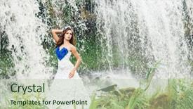  Presentation with waterfall woman - Presentation design featuring dress posing near the waterfall background and a mint green colored foreground