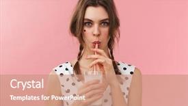  Presentation with pretty girl - PPT layouts with dress standing isolated over pink background and a coral colored foreground