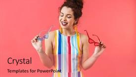  Presentation with woman in maze - Beautiful slide deck featuring dress standing isolated over red backdrop and a coral colored foreground