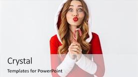  Presentation with christmas girl - Colorful theme enhanced with dress standing isolated over white backdrop and a  colored foreground