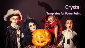  Presentation with halloween - PPT theme featuring dress up - cheerful children in halloween costumes background and a wine colored foreground