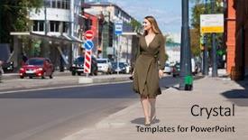  Presentation with dark green - PPT theme with dress walking on the street background and a  colored foreground