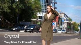  Presentation with beautiful green - Colorful slides enhanced with dress walking on the street backdrop and a  colored foreground