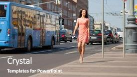  Presentation with growth - Beautiful PPT theme featuring dress walking on the street backdrop and a  colored foreground