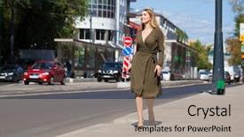  Presentation with dark green deep rich emerald - Colorful presentation design enhanced with dress walking on the street backdrop and a light gray colored foreground