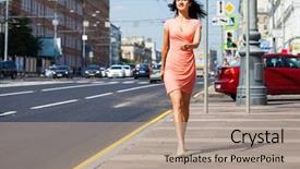  Presentation with growth - PPT theme featuring dress walking on the street background and a  colored foreground