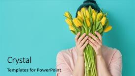  Presentation with light pink - Colorful presentation design enhanced with dress with yellow flowers tulip backdrop and a seafoam green colored foreground