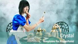  Presentation with video game - Slides featuring dressed as alice in wonderland background and a teal colored foreground