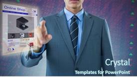  Presentation with shares - Slide deck featuring dressed businessman pointing against stock background and a ocean colored foreground