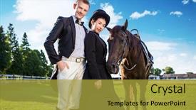  Presentation with well - Audience pleasing presentation consisting of dressed couple standing with horse backdrop and a gold colored foreground