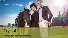  Presentation with well - Theme having dressed couple standing with horse background and a gold colored foreground