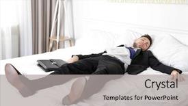  Presentation with music man in suit - Cool new slide deck with dressed in business suit man backdrop and a light gray colored foreground