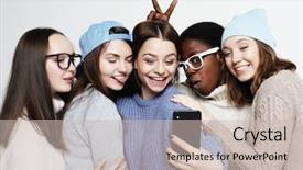  Presentation with different - Colorful slides enhanced with dressed in casual wear make backdrop and a soft green colored foreground