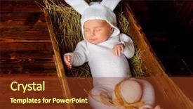  Presentation with newborn baby on his mothers and - Slide deck enhanced with dressed in rabbit costume easter background and a  colored foreground