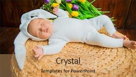  Presentation with cute baby - Beautiful slide deck featuring dressed in rabbit costume easter backdrop and a coral colored foreground