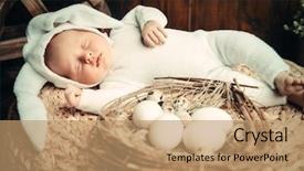  Presentation with cute baby - Amazing PPT layouts having dressed in rabbit costume easter backdrop and a coral colored foreground