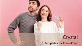  Presentation with credit card - Audience pleasing presentation theme consisting of dressed in sweaters holding credit backdrop and a coral colored foreground