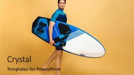  Presentation with special education young adult man - Cool new slide set with dressed in swimsuit holding surfboard backdrop and a gold colored foreground
