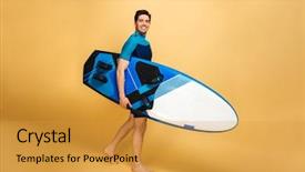  Presentation with man looking up happy - Presentation consisting of dressed in swimsuit holding surfboard background and a gold colored foreground