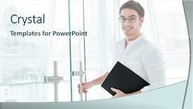  Presentation with man door - Slides having dressed in white shirt open background and a sky blue colored foreground