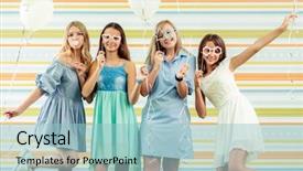  Presentation with colorful birthday frame party - Slide deck featuring dresses standing together with ballon background and a light blue colored foreground