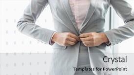  Presentation with superhero businesswoman - Audience pleasing PPT theme consisting of dressing formal - midsection of businesswoman buttoning her backdrop and a light gray colored foreground