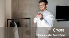  Presentation with one young man exercising handball - PPT theme with dressing formal - smiling young man putting background and a dark gray colored foreground