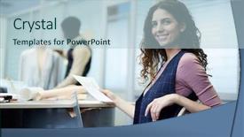  Presentation with portrait of excited overjoyed female - Audience pleasing presentation consisting of dressmaking - cheerful excited beautiful female dressmaker backdrop and a light blue colored foreground