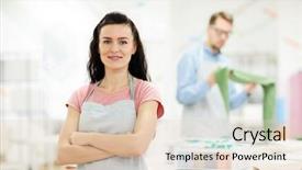  Presentation with confident - Amazing presentation theme having dressmaking - content confident attractive female dressmaker backdrop and a  colored foreground