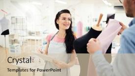  Presentation with apron - Theme featuring dressmaking - happy excited young woman background and a  colored foreground