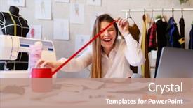  Presentation with female infertility - Presentation theme consisting of dressmaking - photo of smiling female dressmaker background and a coral colored foreground