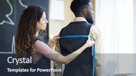  Presentation with curly hair - PPT theme featuring dressmaking - serious concentrated young female dressmaker background and a tawny brown colored foreground