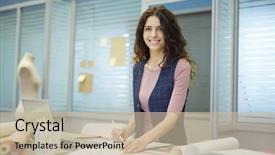  Presentation with garment - PPT theme featuring dressmaking - smiling beautiful young dressmaker background and a mint green colored foreground