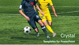 Presentation with team player - Audience pleasing slide set consisting of energetic team - soccer player legs in action backdrop and a tawny brown colored foreground