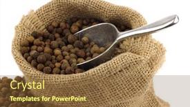  Presentation with allspice - Slide set enhanced with dried allspice jamaica pepper in a burlap bag with an aluminum scoop on a white background background and a tawny brown colored foreground