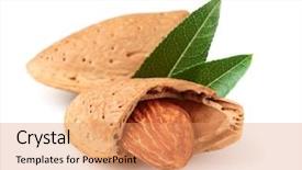  Presentation with dried fruits seeds nuts - Theme having dried almonds with leaves background and a coral colored foreground