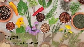  Presentation with hemp - Beautiful presentation theme featuring dried and fresh spice and herb selection on hemp paper background backdrop and a coral colored foreground