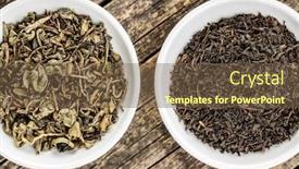  Presentation with black tea - Audience pleasing presentation design consisting of dried black and green tea leaves in bowl top view backdrop and a tawny brown colored foreground