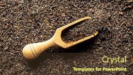  Presentation with black tea - Colorful presentation design enhanced with dried black tea leaves in wooden scoop top view backdrop and a tawny brown colored foreground