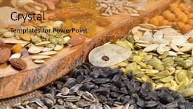  Presentation with dried fruits seeds nuts walnuts - Colorful PPT theme enhanced with seed fruitt - dried cereal seeds and fruits backdrop and a gold colored foreground