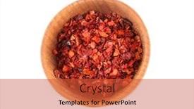  Presentation with chili - Amazing theme having dried chopped chili pepper in small wooden bowl isolated on white backdrop and a red colored foreground