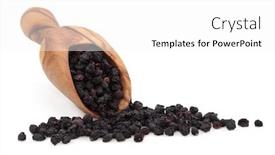  Presentation with olive - Theme consisting of dried elderberry fruit spice in an olive wood scoop over white background background and a white colored foreground