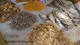  Presentation with lake fish - PPT theme consisting of dried-fish-on-a-market background and a coral colored foreground
