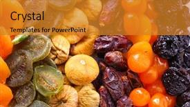  Presentation with fruits - Cool new presentation theme with layout of multicolor peppers onoin and garlic forming a word on a wooden background backdrop and a coral colored foreground