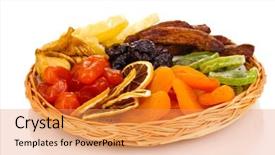  Presentation with white plate - Audience pleasing slides consisting of dried fruits on wicker plate isolated on white backdrop and a yellow colored foreground