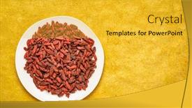  Presentation with goji - Presentation theme enhanced with dried goji berries on a white plate against yellowtextured paper background with a copy space background and a yellow colored foreground
