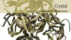  Presentation with tea leaves fresh green leaf - PPT theme with dried green tea leaves pile background and a yellow colored foreground