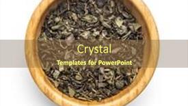  Presentation with tea leaves - Presentation theme with dried green tea leaves in bowl isolated on white background background and a tawny brown colored foreground