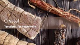  Presentation with meat - Presentation design consisting of dried-meat-on-the-wooden background and a violet colored foreground