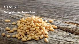  Presentation with nut - Colorful theme enhanced with dried pine nut seeds set on old wooden surface backdrop and a gray colored foreground
